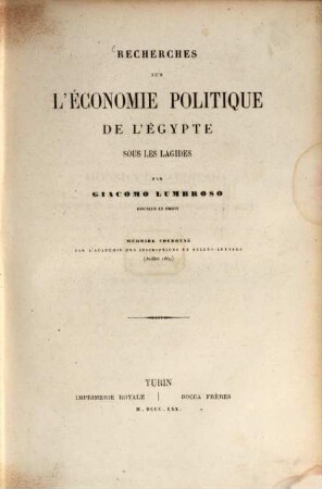 Recherches sur l'économie politique de l'Égypte sous les Lagides
