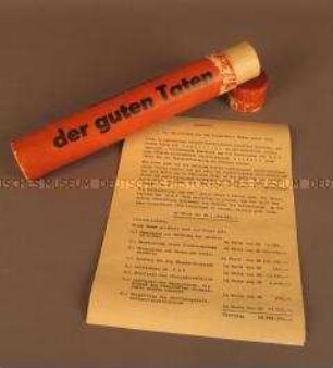 Behälter "Stafette der guten Taten" des VEB Schuhfabrik "Roter Stern" mit Dokument