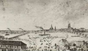 Dresden: Notbrücke oberhalb der bei der Hochflut vom 31. März 1845 beschädigten Augustusbrücke : Dresden, Notbrücke, Pontonbrücke, 19. Jh.