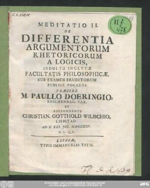 Meditatio II. De Differentia Argumentorum Rhetoricorum A Logicis
