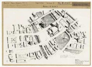 Berlin. Marx-Engels-Forum. Vogelschauansicht Variante 3. Berlin, Mitte, Stadtzentrum, Schloßplatz (1951 - 1994 Marx-Engels-Platz)/Lustgarten/Jägerstraße/Kaiser-Wilhelm-Straße (1947-1969 Liebknechtstraße, seit 1969 Karl-Liebknecht-Straße)/Spandauer Straße/Königstraße (seit 1951 Rathausstraße)/Alexanderplatz