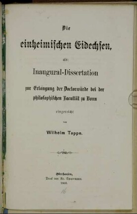 Die einheimischen Eidechsen, als: Inaugural-Dissertation zur Erlangung der Doctorwürde bei der philosophischen Facultät zu Bonn