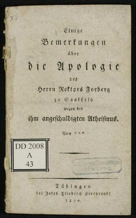 Einige Bemerkungen über die Apologie des Herrn Rektors Forberg zu Saalfeld wegen des ihm angeschuldigten Atheismus