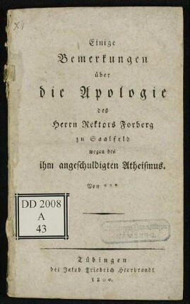 Einige Bemerkungen über die Apologie des Herrn Rektors Forberg zu Saalfeld wegen des ihm angeschuldigten Atheismus