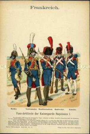 Uniformdarstellung, Musiker, Tambourmajor, Tambour, Handwerker und Kanonier der Artillerie zu Fuß der Kaisergarde, Erstes Kaiserreich Frankreich, 1806/1812.