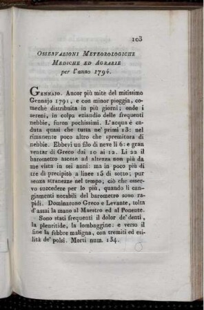 Osservazioni Meteorologiche Mediche ed Agrarie per l´anno 1794.