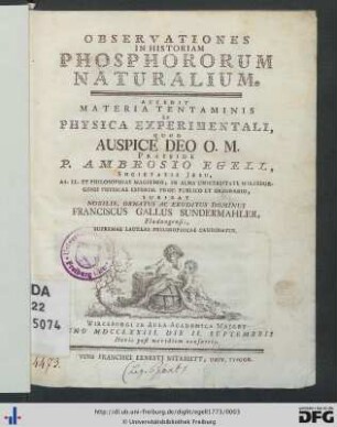 Observationes In Historiam Phosphororum Naturalium : Accedit Materia Tentaminis Ex Physica Experimentali