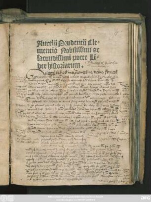 Aurelij Prudentij Cle=||mentis Nobilissimi ac || facundissimi poete Li=||ber historiarum.||