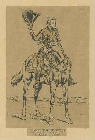 Stab Kaiser Napoleon I.: Marschall Bessières, Herzog von Istrien, Kommandant der Gardekavallerie in Uniform, Mütze und Schärpe zu Pferd, Vorderansicht