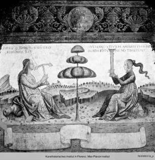 Ausmalung des Salone : Personifikationen zweier theologischer Tugenden und der Kardinaltugenden an der Nordwand