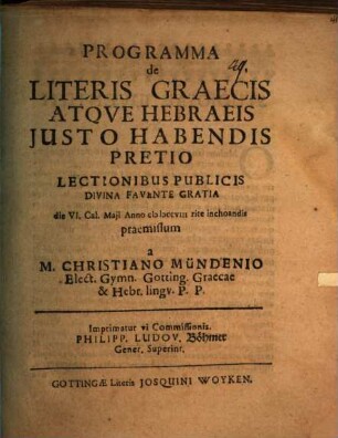 Programma de Literis Graecis Atqve Hebraeis Justo Habendis Pretio