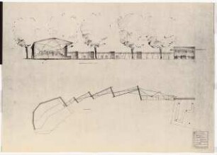 Bundesgartenschau 1957, Köln: Rheinparkrestaurant Musikpavillon: Grundriss und Ansicht 1:100 (Zeichnung des Architekten)