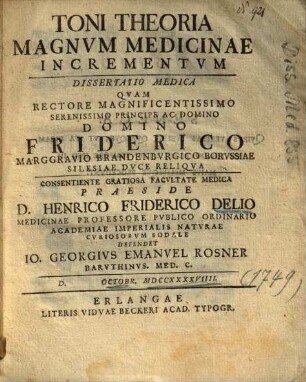 Toni Theoria Magnvm Medicinae Incrementvm : Dissertatio Medica