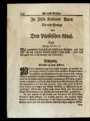 Die erste Predigt von Dem Päpstischen Ablaß.