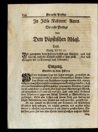 Die erste Predigt von Dem Päpstischen Ablaß.