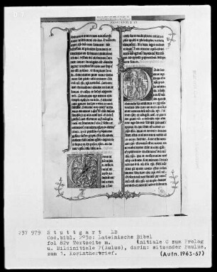 Lateinische Bibel, drei Bände — Initiale P (aulus), darin thronender Paulus, Folio 82verso
