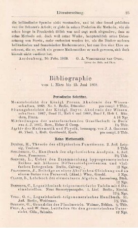 Bibliographie vom 1. März bis 15. Juni 1868.