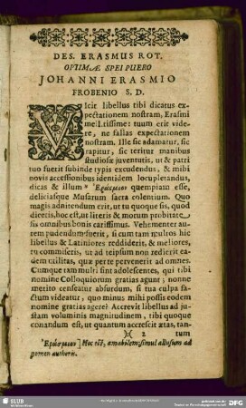 Des. Erasmus Rot. Optimae Spei Puero Johanni Erasmio Frobenio S. D.