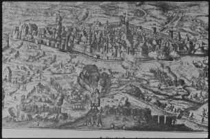 Leipzig. Stadtansicht während der Belagerung 1547 mit brennender Bockmühle, aus: Benndorf, Paul: Hundert Bilder zur Geschichte Leipzigs, 1909