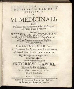 Dissertatio Medica Inauguralis De Vi Medicinali