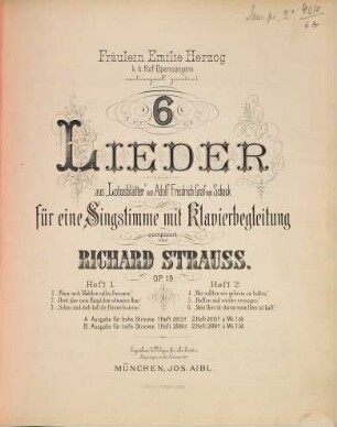 6 Lieder : aus "Lotosblätter" von Adolf Friedrich Graf von Schack ; für eine Singstimme mit Klavierbegleitung ; Op. 19, Heft 2. 4. "Wie sollten wir geheim sie halten". 5. "Hoffen und wieder verzagen". 6. "Mein Herz ist stumm mein Herz ist kalt."