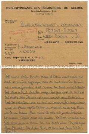 Vordruck-Postkarte von Harald von Koenigswald aus dem Kriegsgefangenenlager Sarrebourg an seine Kinder - Familienkonvolut