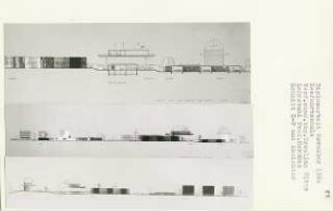 Seefahrtschule, Kiel-Friedrichsort (Diplomarbeit bei Bernhard Hermkes): Normalklassen, Verwaltungsräume, Kommandobrücke, Funkerklassen, Sternwarte, Gesamtansicht, Ansicht von Osten und Schnitt 1:200