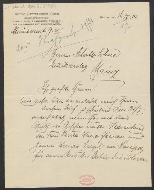 Brief an B. Schott's Söhne : 16.10.1914