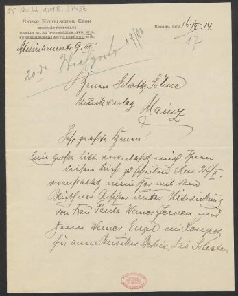Brief an B. Schott's Söhne : 16.10.1914