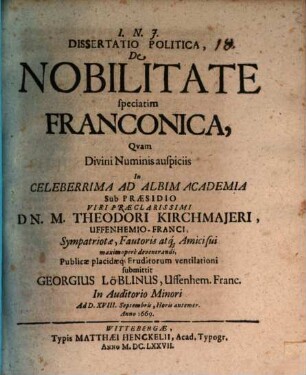 Diss. polit. de nobilitate, speciatim Franconica