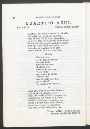 Cuartito azul : Tango. - Editorial Julio Korn