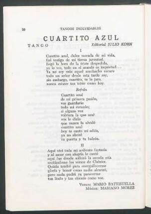 Cuartito azul : Tango. - Editorial Julio Korn