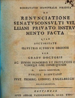Diss. inaug. iur. de renunciatione senatusconsulti Velleiani privato instrumento facta