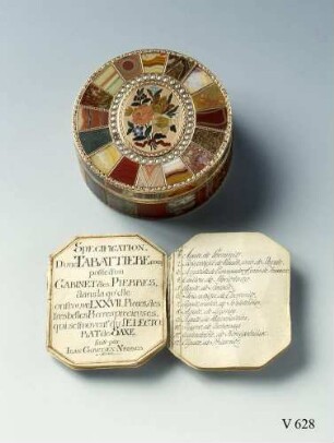 Runde Dose als "Steinkabinett" mit Verzeichnis