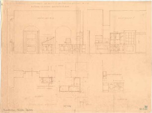 Fischer, Theodor; München - Westend, Bergmannstr.; Ledigenheim - Schwenkbalken u. Anrichte in der öffentlichen Gastwirtschaft (Grundriss, Ansichten, Schnitt)