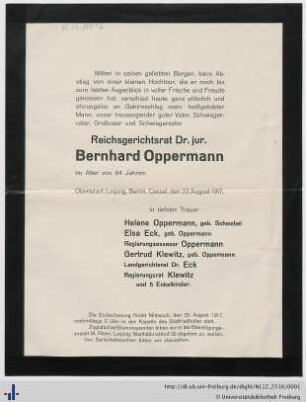 Nachlass L. Schemann (NL 12/2516) : Todesanzeige von Bernhard Oppermann (an Ludwig Schemann)