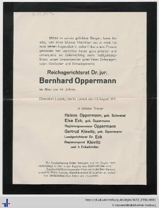 Nachlass L. Schemann (NL 12/2516) : Todesanzeige von Bernhard Oppermann (an Ludwig Schemann)