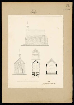 Kirche für 300 Personen Monatskonkurrenz Oktober 1839: Grundriss, Aufriss Eingangsseite, Südansicht, Choransicht, Querschnitt; 2 Maßstabsleisten