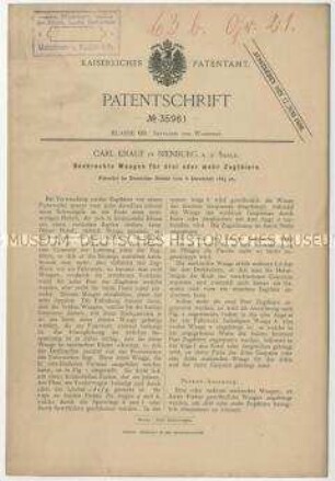 Patentschrift einer senkrechten Waage für drei oder mehr Zugtiere, Patent-Nr. 35961