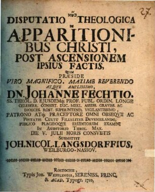 Disp. theol. de apparitionibus Christi post ascensionem ipsius factis