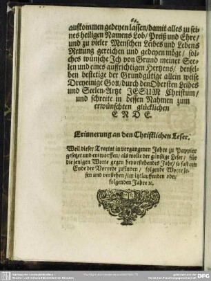 Erinnerung an den Christlichen Leser
