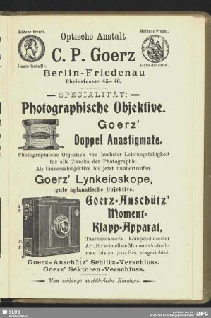 Werbung zu: C.P Goerz. Optische Anstalt Berlin-Friedenau