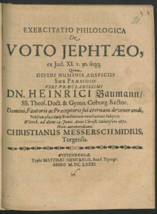Exercitatio Philologica De Voto Jephthaeo, ex. Jud. XI. v. 30. seqq.