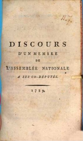 Discours d'un membre de l'Assemblée nationale à ses Co-Députés
