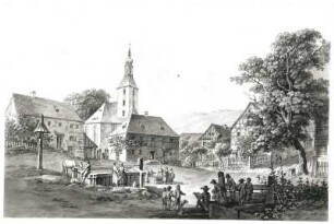 Der Dorfplatz von Hohnstein in der Sächsischen Schweiz : Zingg, Adrian. Der Dorfplatz von Hohnstein in der Sächsischen Schweiz. Feder, Tusche, Sepia; 21 x 32 cm. Dresden: Kupferstich-Kabinett C 1926-50