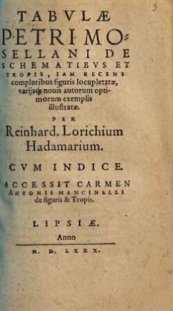 TABVLAE PETRI MOSELLANI DE SCHEMATIBVS ET TROPIS, IAM RECENS compluribus figuris locupletatae, varijs[que] nouis autorum optimorum exemplis illstratae
