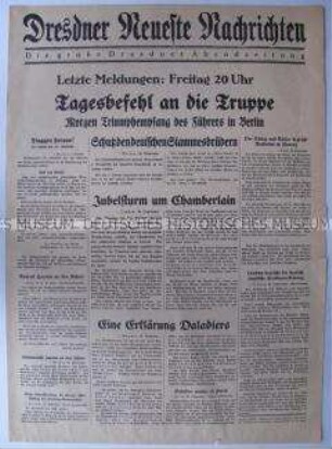 Abendausgabe (Nachrichtenblatt) der "Dresdner Neueste Nachrichten" mit Reaktionen des Auslands auf das Münchner Abkommen