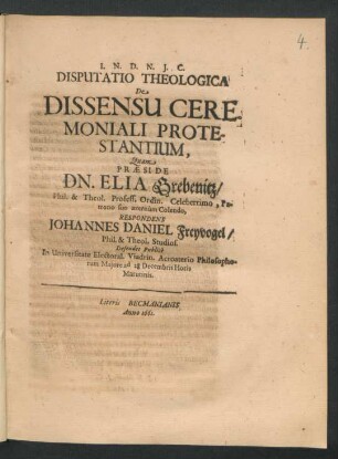 Disputatio Theologica De Dissensu Ceremoniali Protestantium