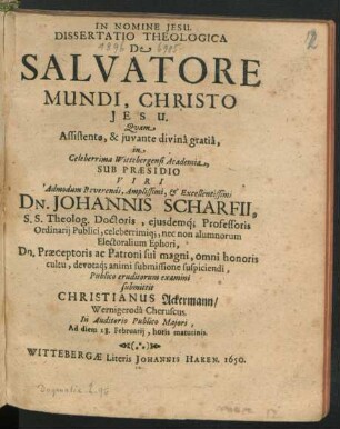 Dissertatio Theologica De Salvatore Mundi, Christo Jesu