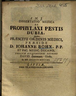 Dissertatio Medica De Prophylaxi Pestis Dubia